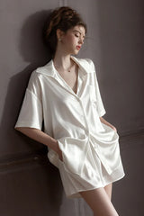 Silk short sleeve pajama sets for women, breathable and lightweight pieces designed for effortless comfort and ease. Soft, fluid silhouettes bring a sense of calm, perfect for relaxation and quiet nighttime moments.