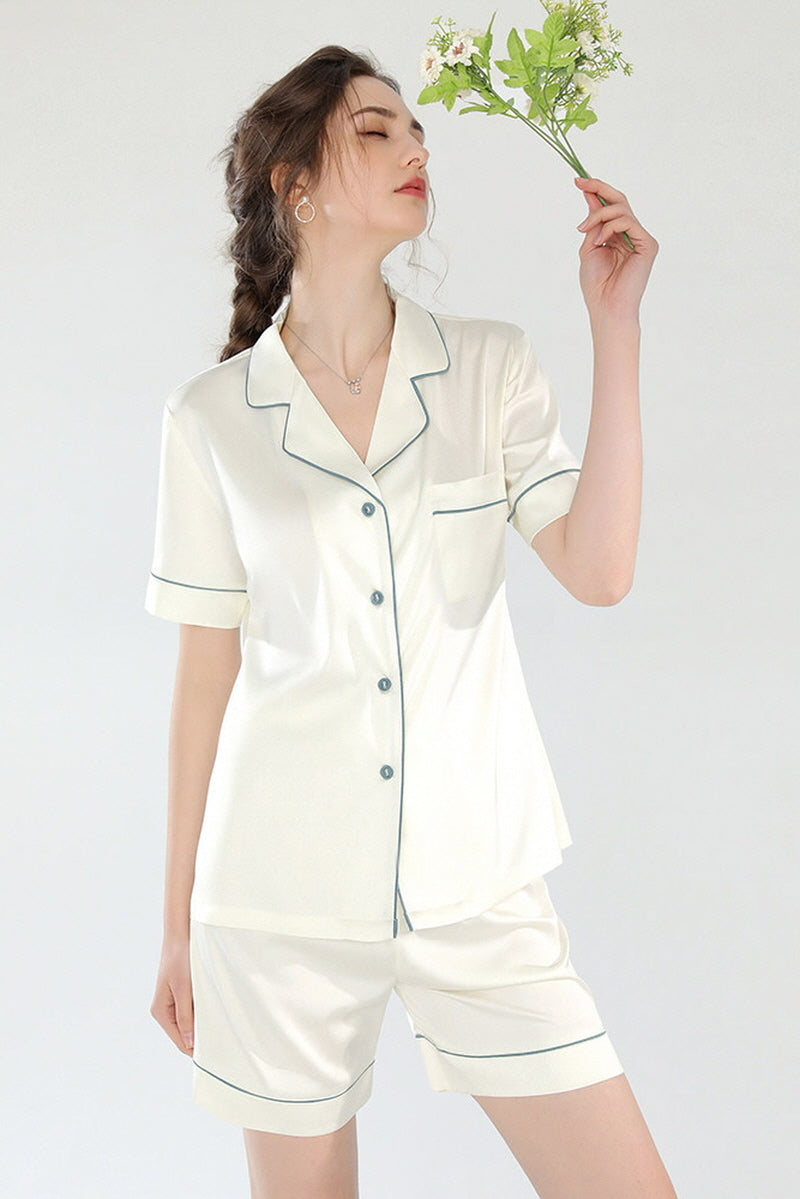 Short Sleeve Button Down Silk Pajama Shorts Set