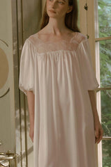 White Silk Puff Sleeve Lace Sleep Dress