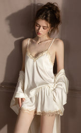 White Scalloped Lace Cami, Shorts & Robe 3-Piece Set