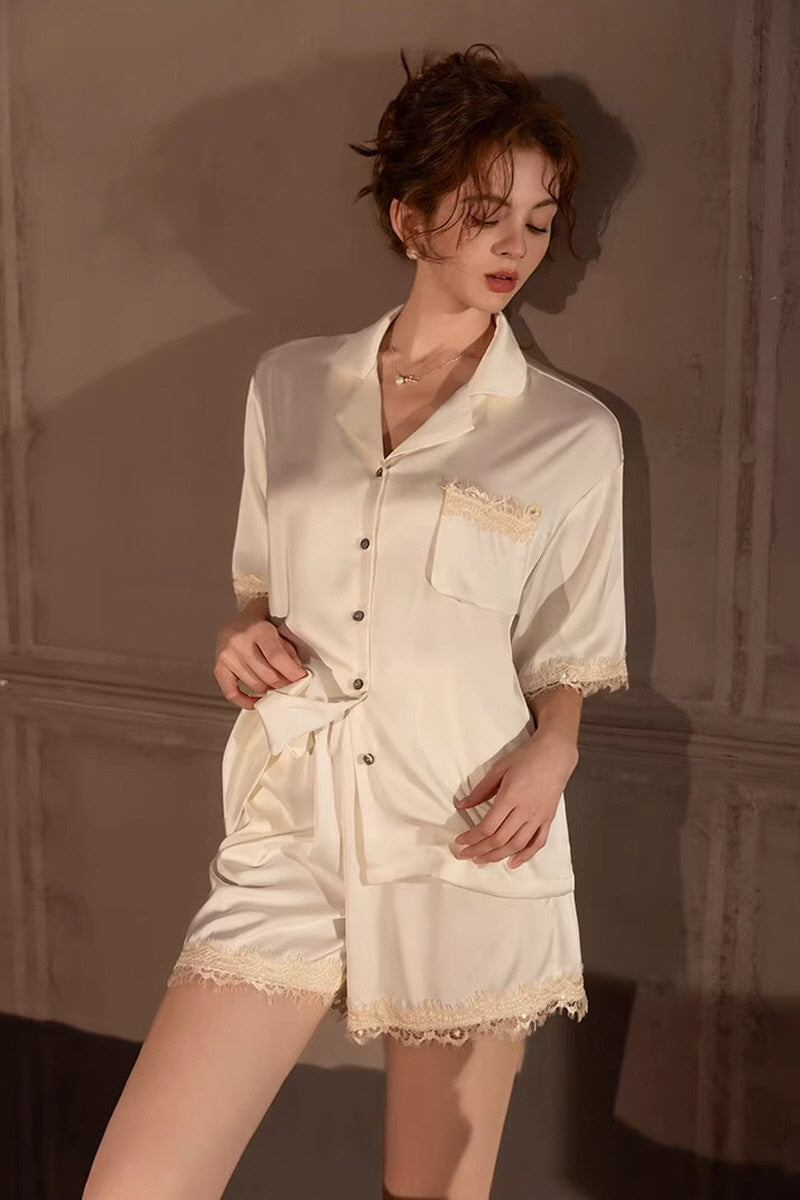 White Vintage Shell Lace Silk Set