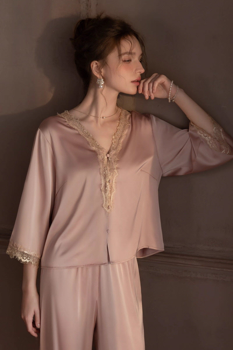 Pink V-Neck Enchanted Lace Silk Set