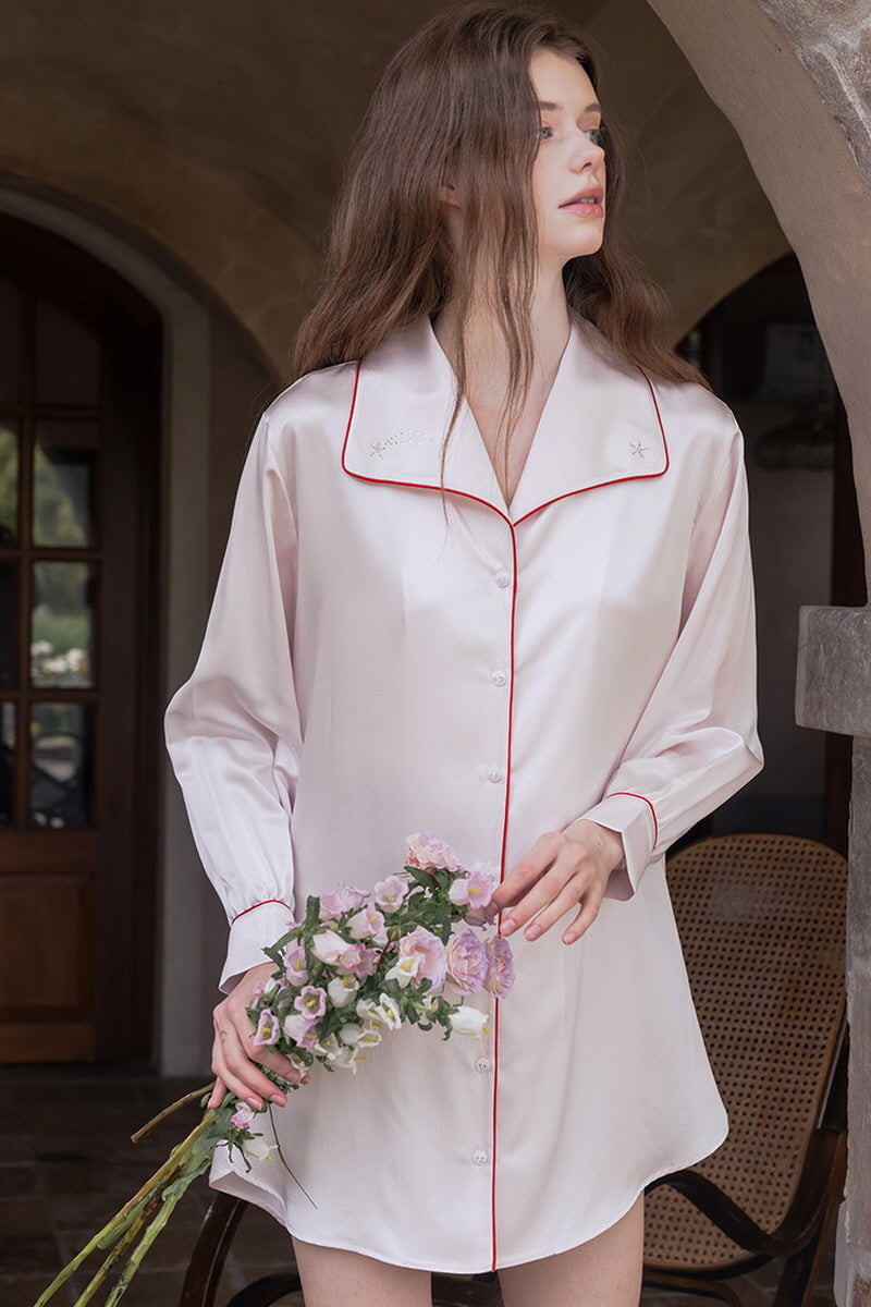 Red Piping Silk Shirt Nightdress