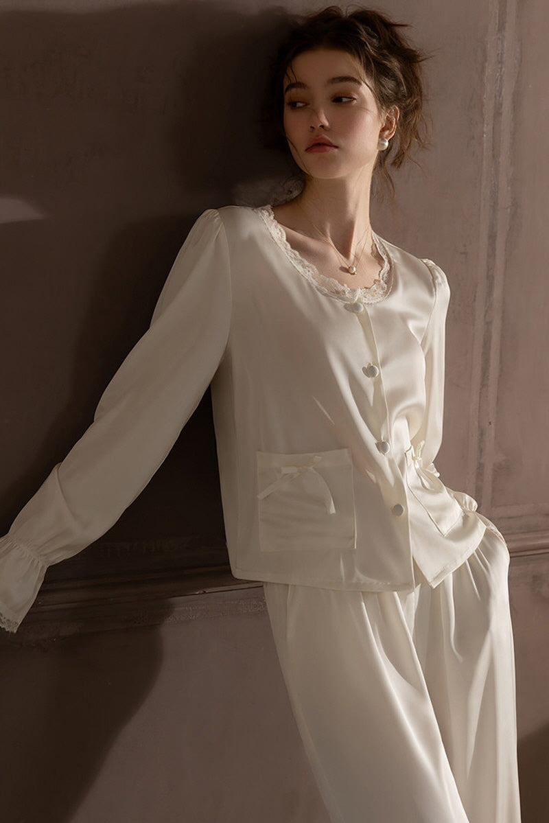 White Ribbon Petit Lace Pajama Set