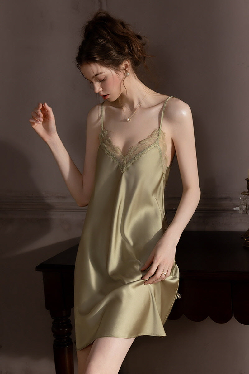 Olive Backless Silk Slip Nightdress