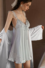 Blue Angelic Embroidery Silk Slip & Robe Set