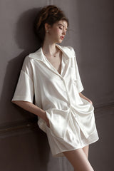 White Oversized Silk Button Down Lounge Pajama Set