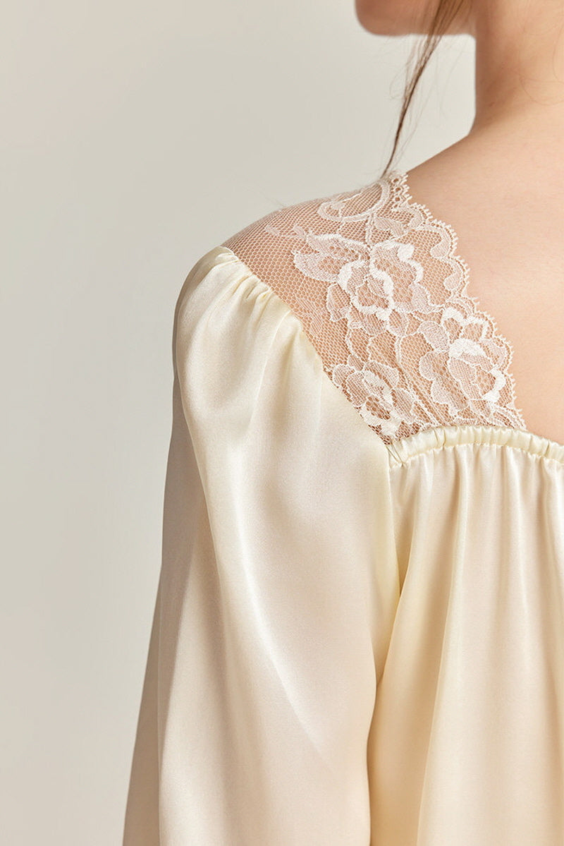 Lace-Shoulder Silk Pajama Set