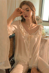 Soft Lace Ribbon Silk Pajama Set