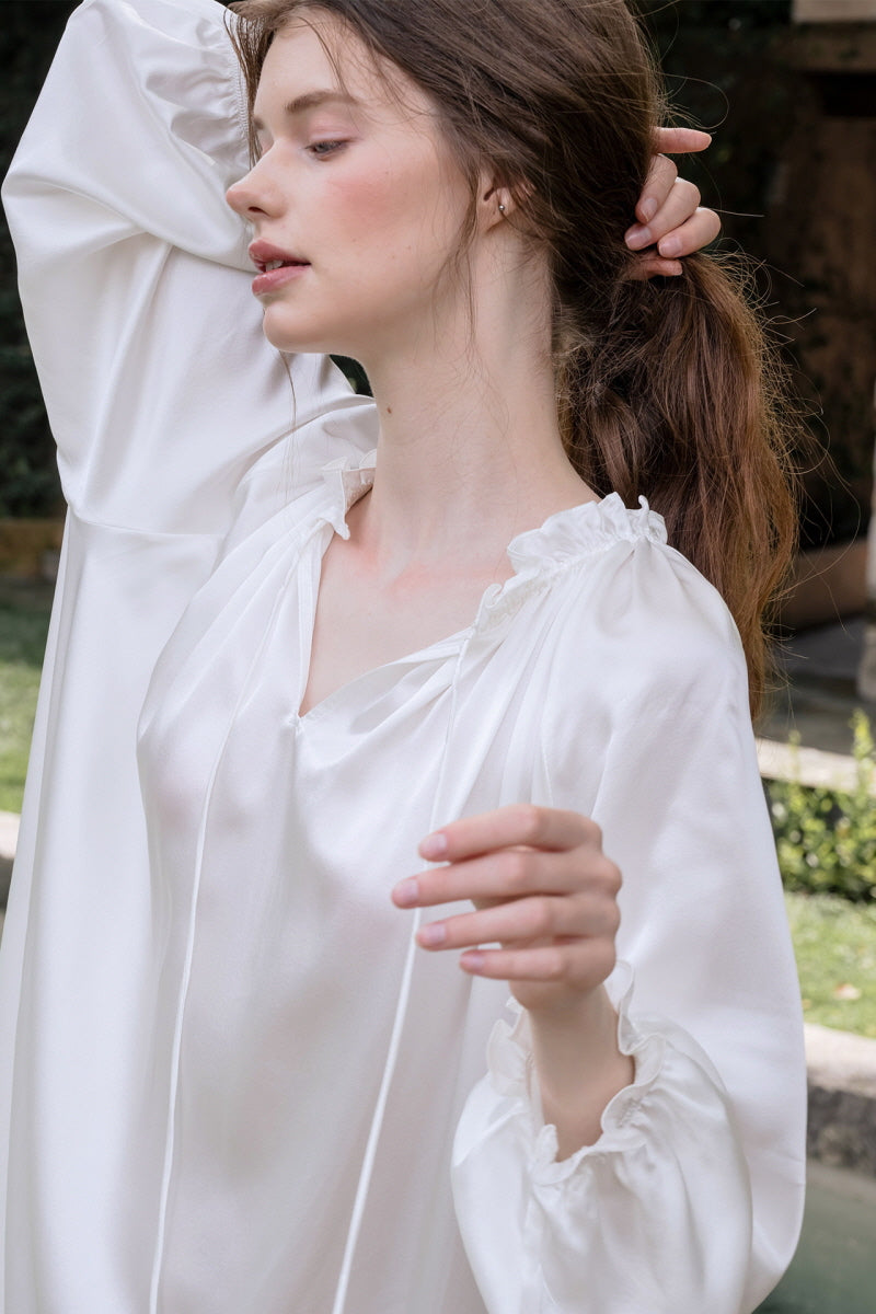White Bohemian Smocked Silk Nightdress