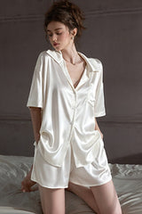 White Oversized Silk Button Down Lounge Pajama Set