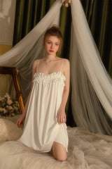 White Double Ruffle Silk Nightdress