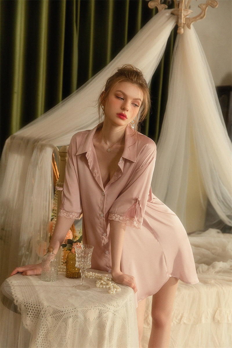 Pink Ribbon Cuff Silk Lace Sleep Shirt