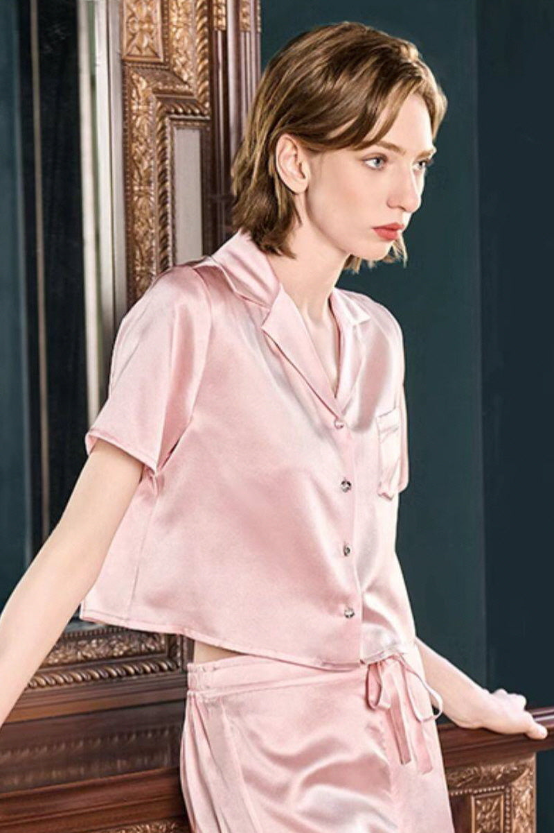 Cropped Silk Satin Pajama Set