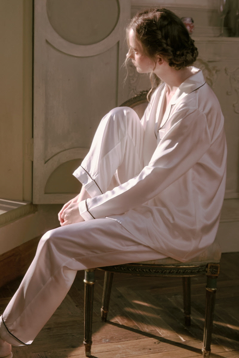 White Tailored Edge Silk Pajamas