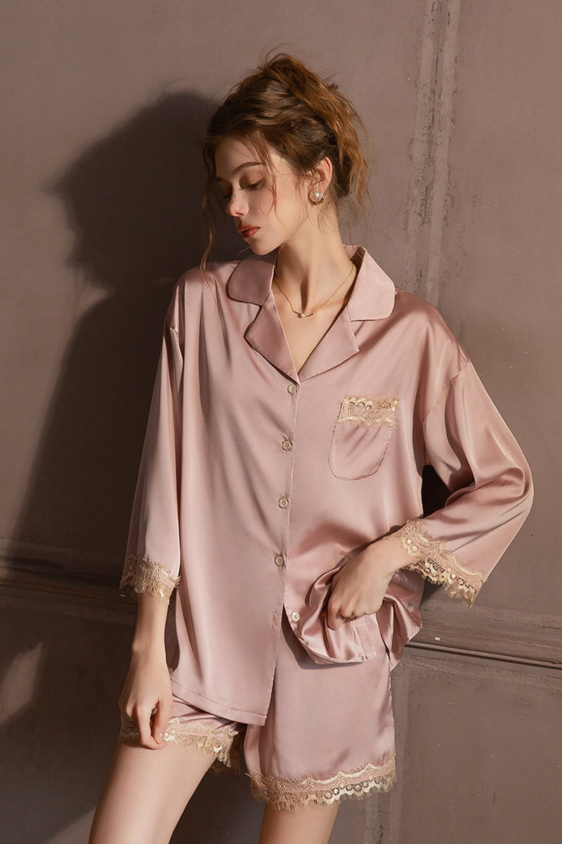 Pink Lace-Trimmed 3/4 Sleeve Silk Set