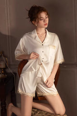 White Vintage Shell Lace Silk Set