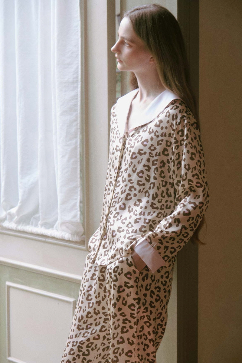 Leopard Print Sailor Collar Silk Pajama Set