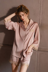 Pink Lace-Trimmed 3/4 Sleeve Silk Set
