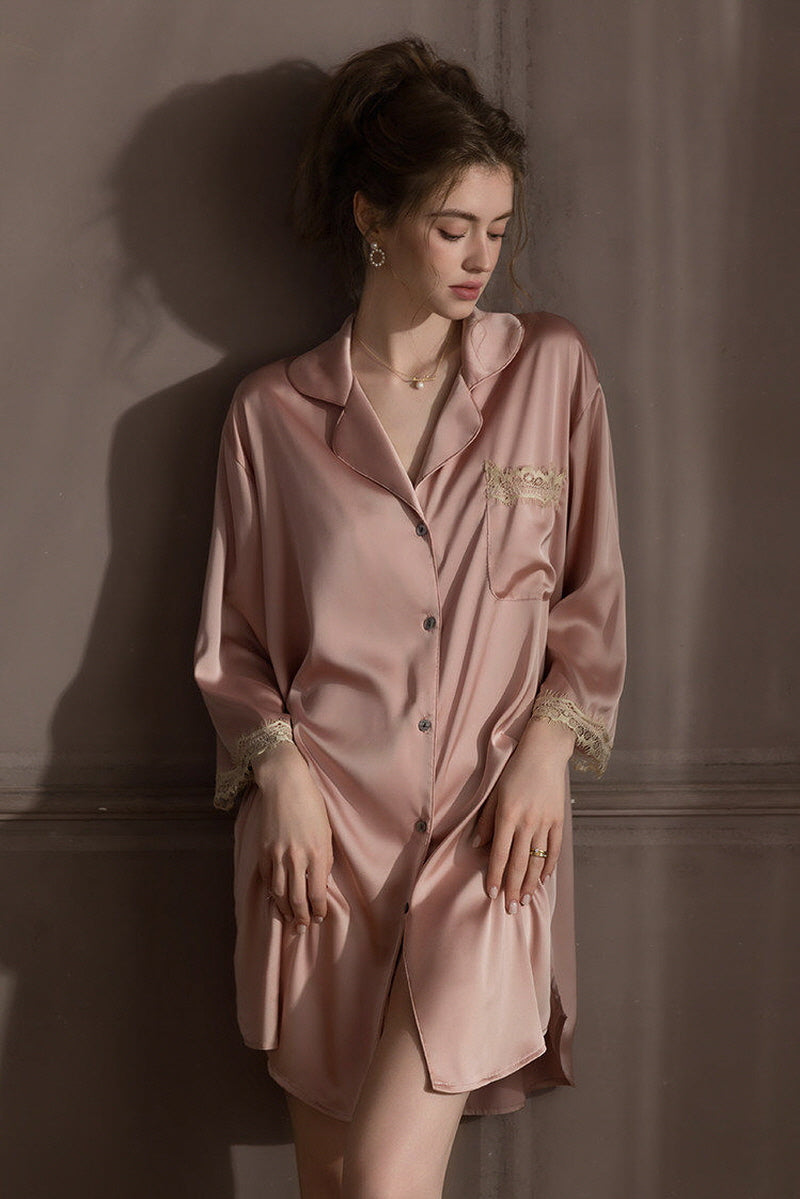 Pink Elegant Lace-Trimmed Silk Sleep Shirt