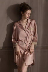 Pink Elegant Lace-Trimmed Silk Sleep Shirt