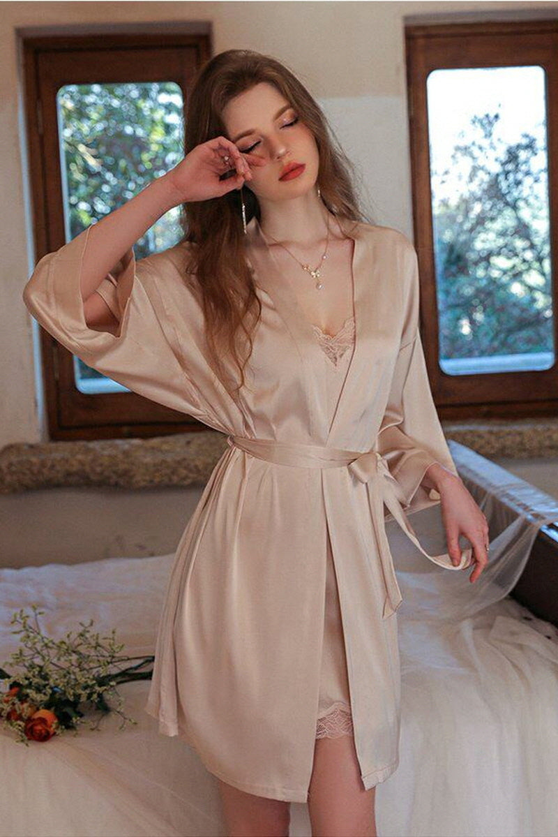 Champagne V-Line Scallop Silk Slip & Robe Set