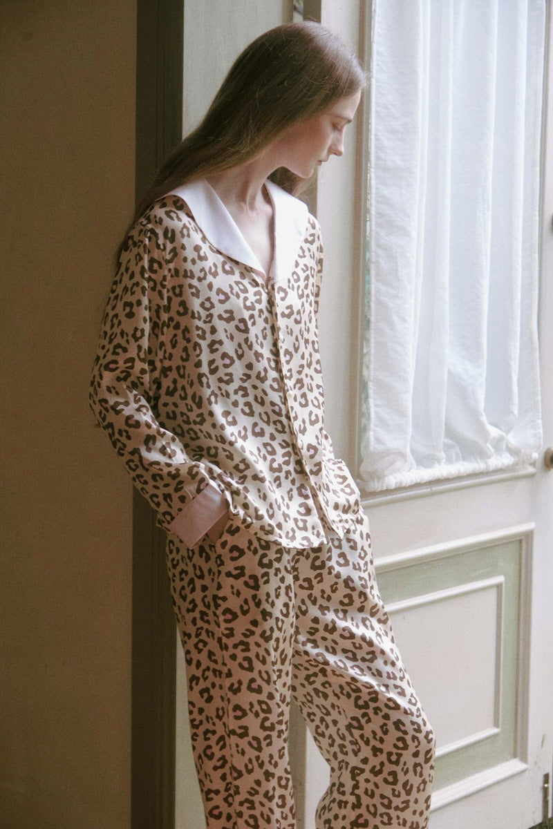 Leopard Print Sailor Collar Silk Pajama Set