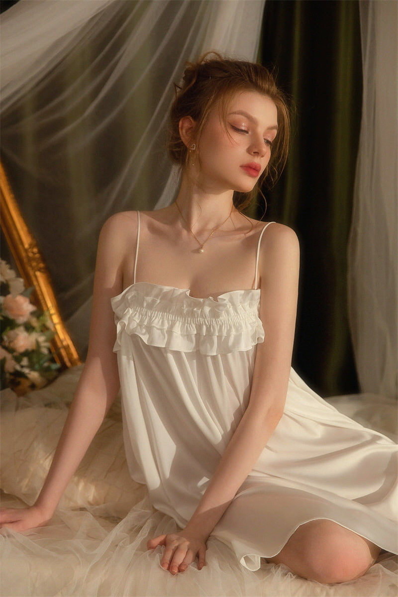 White Double Ruffle Silk Nightdress