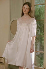 White Silk Puff Sleeve Lace Sleep Dress