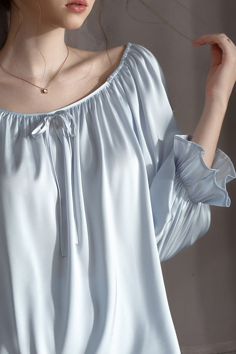 Blue Off Shoulder Satin Silk Pajama Shorts Set
