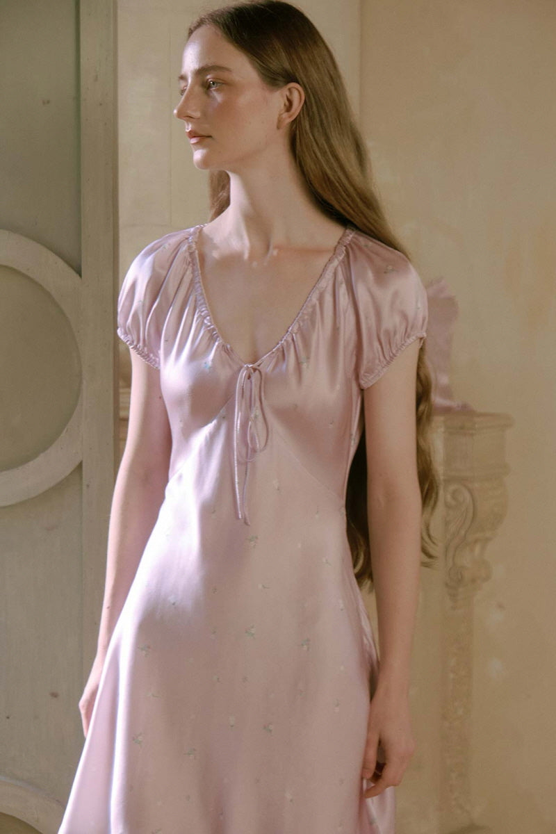 Ribbon-Tie Silk Puff Sleeve Sleep Dress