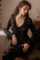 Black Lace Trim Deep V Silk Pajama Set