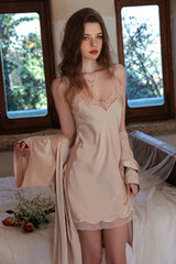 Champagne V-Line Scallop Silk Slip & Robe Set