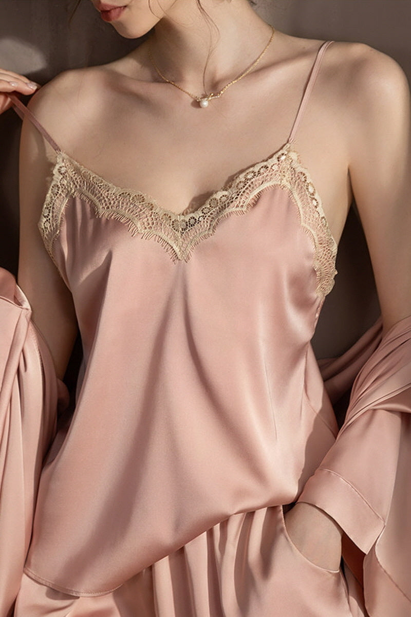 Pink Scalloped Lace Cami, Shorts & Robe 3-Piece Set