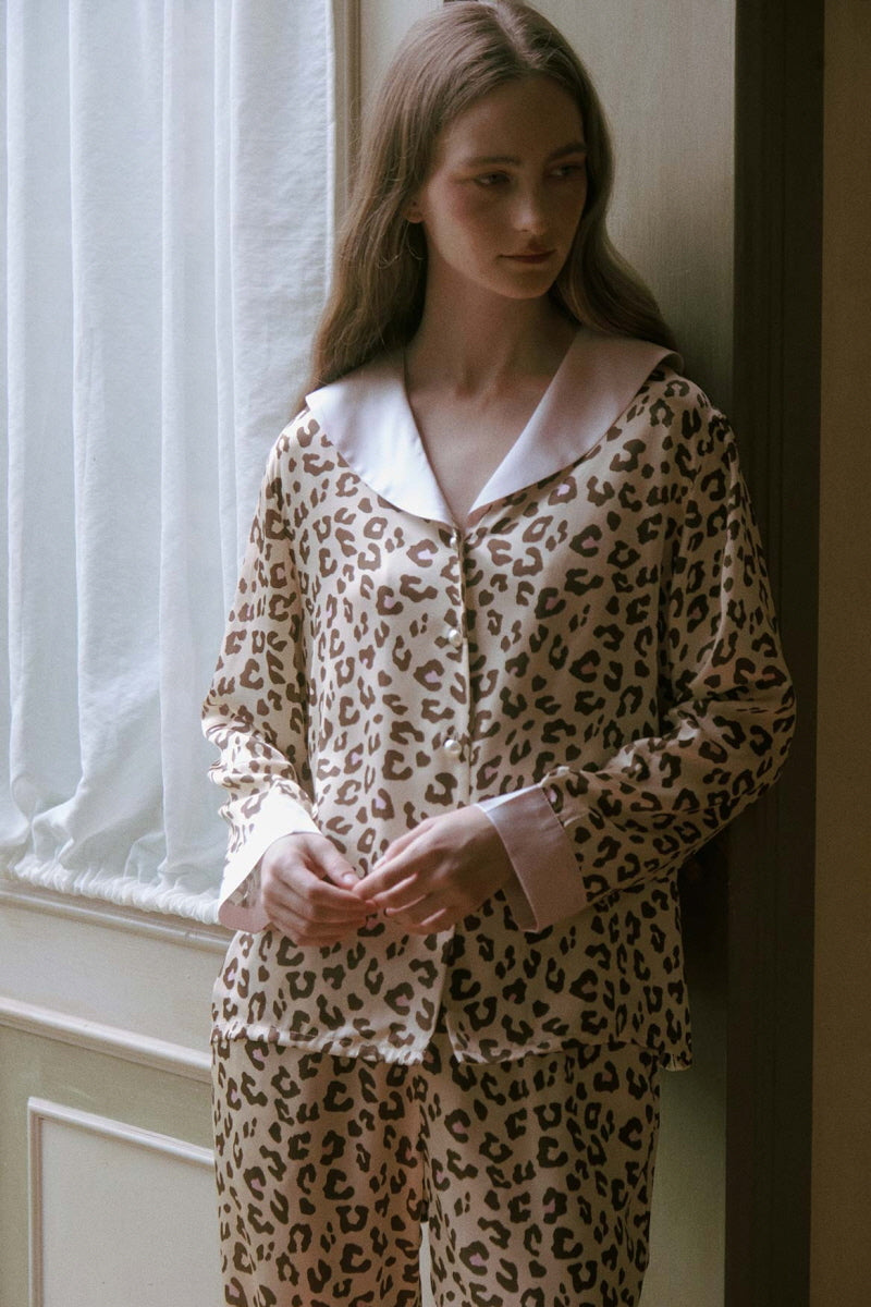 Leopard Print Sailor Collar Silk Pajama Set
