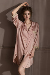 Pink Elegant Lace-Trimmed Silk Sleep Shirt