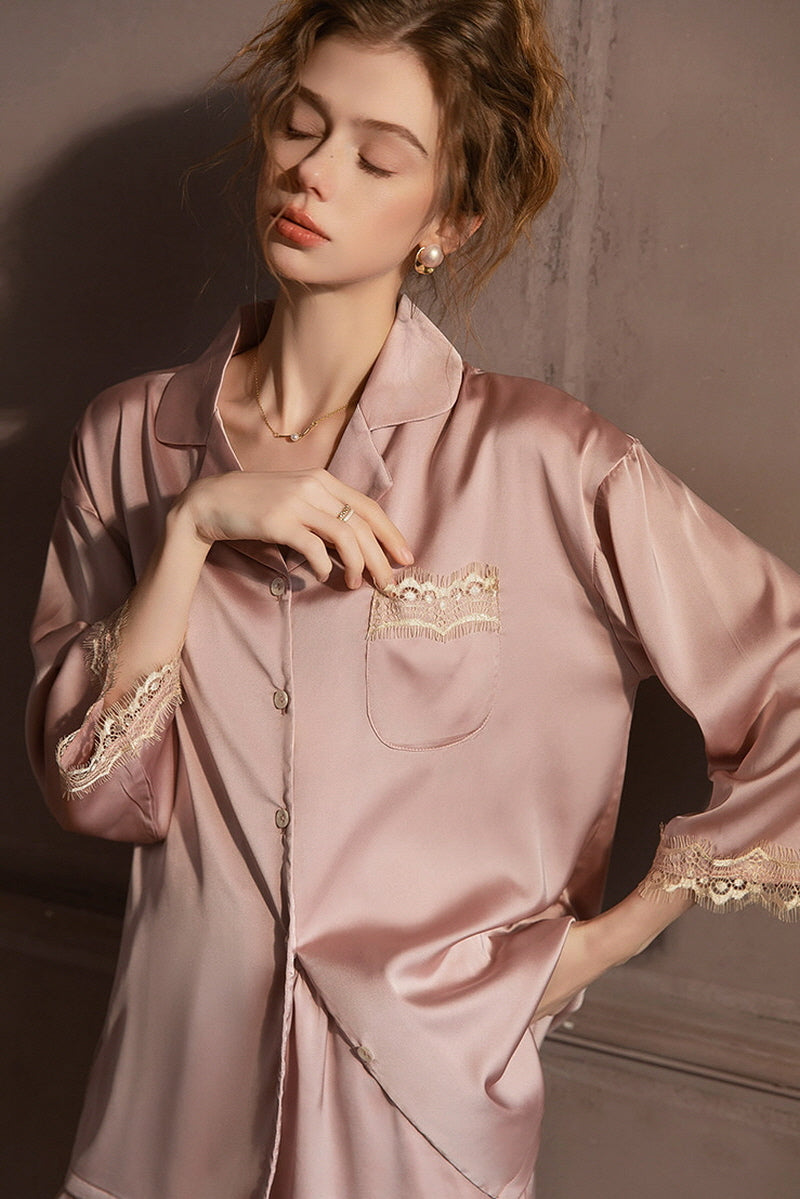 Pink Lace-Trimmed 3/4 Sleeve Silk Set