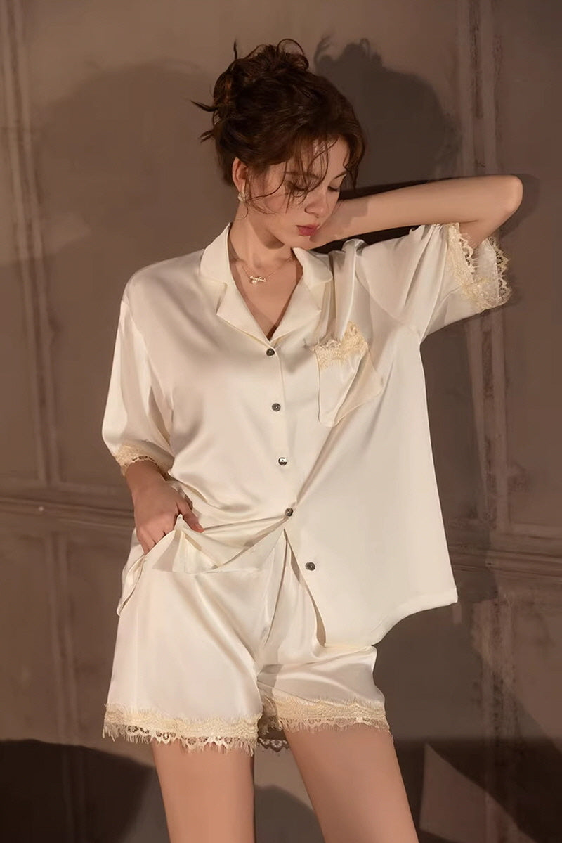 White Vintage Shell Lace Silk Set