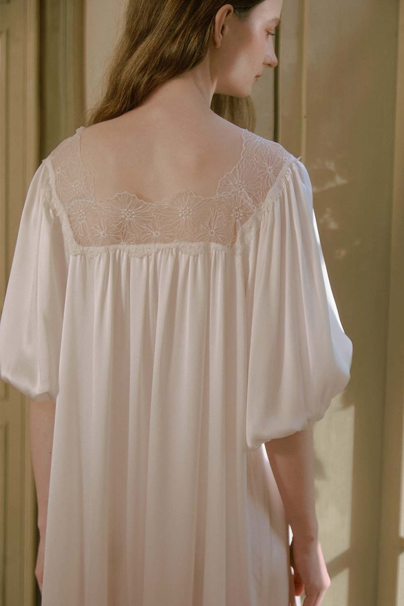 White Silk Puff Sleeve Lace Sleep Dress