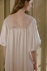 White Silk Puff Sleeve Lace Sleep Dress