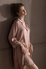 Pink Elegant Lace-Trimmed Silk Sleep Shirt
