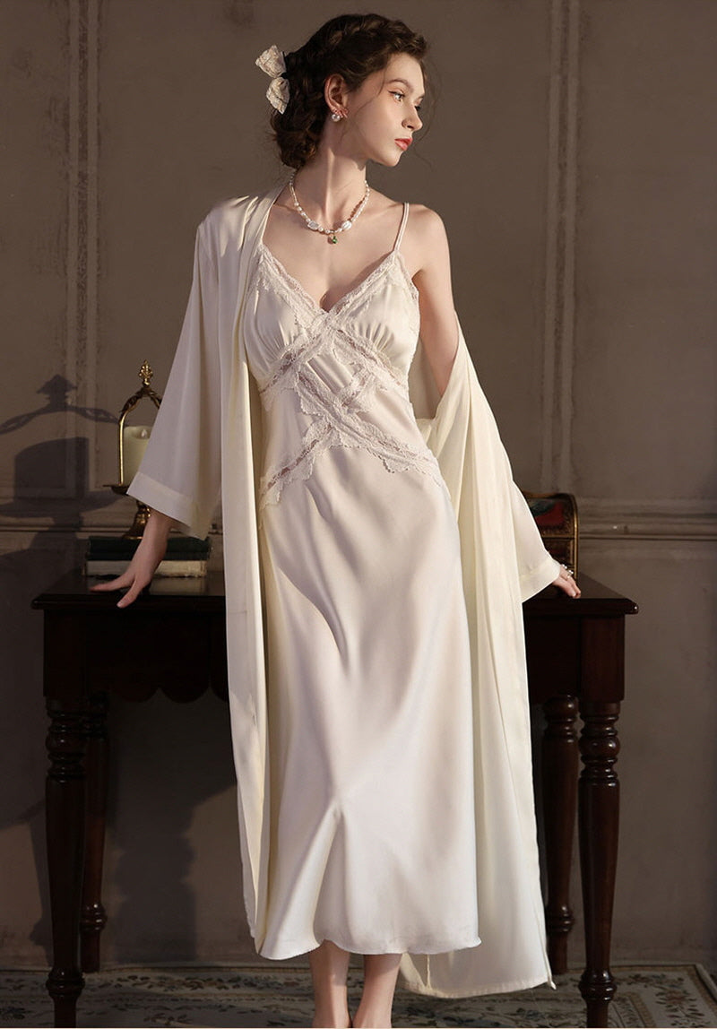 White Cross Lace Silk Slip & Robe Set