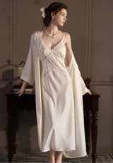 White Cross Lace Silk Slip & Robe Set