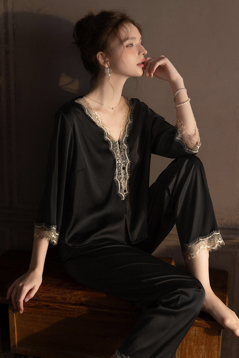 Black V-Neck Enchanted Lace Silk Set