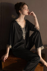 Black V-Neck Enchanted Lace Silk Set