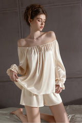 Ivory Off Shoulder Satin Silk Pajama Shorts Set