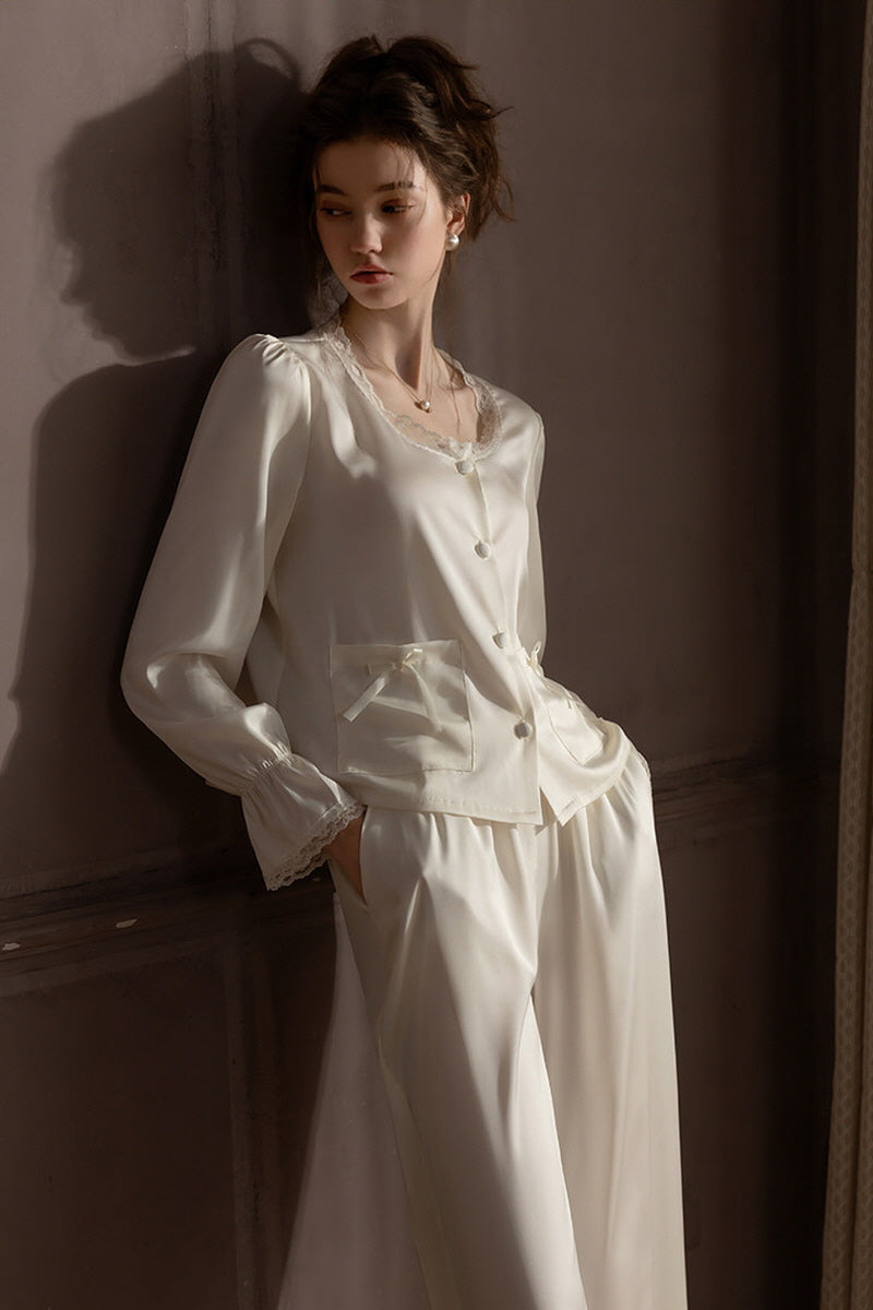 White Ribbon Petit Lace Pajama Set