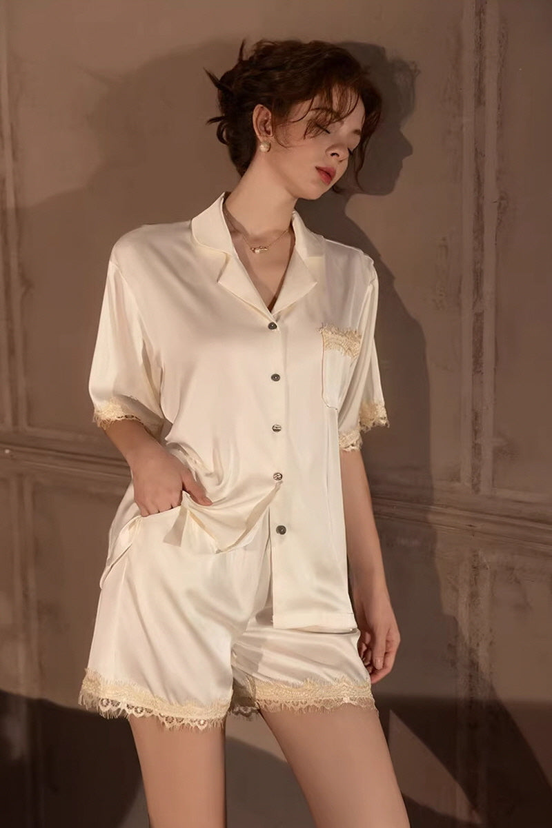 White Vintage Shell Lace Silk Set