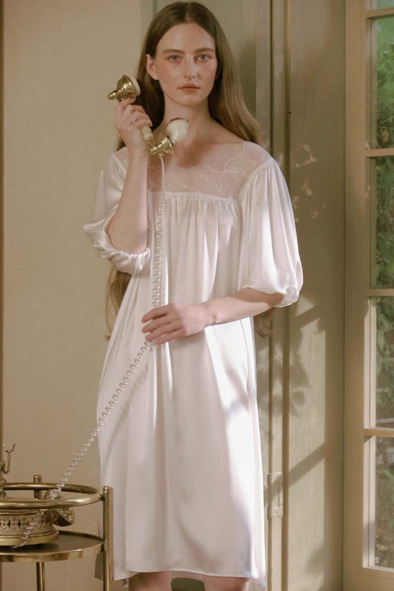 White Silk Puff Sleeve Lace Sleep Dress