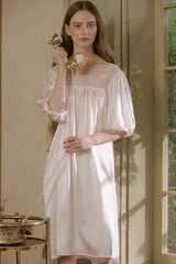 White Silk Puff Sleeve Lace Sleep Dress